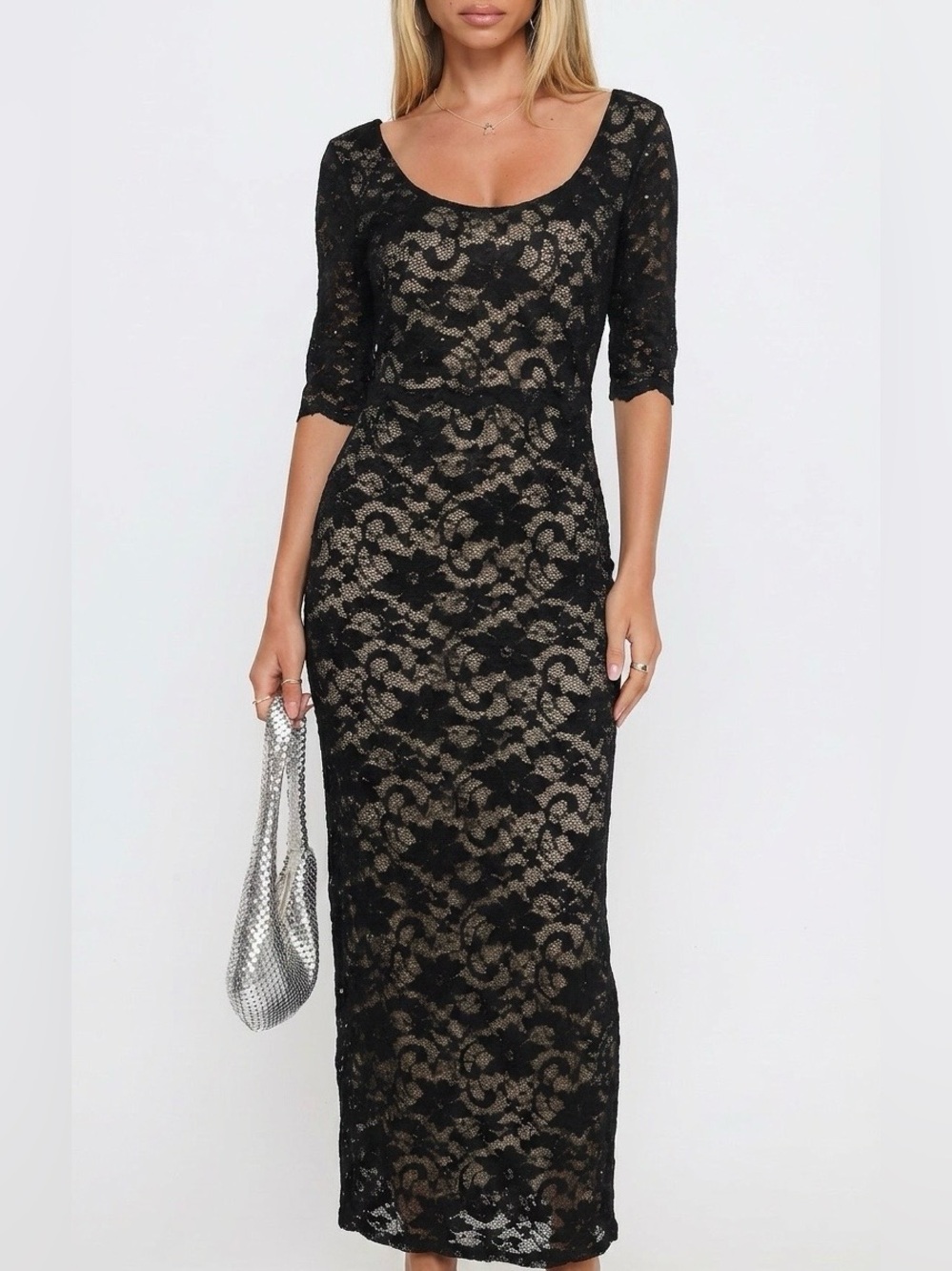Badgley Mischka Black Lace Overlay Maxi Dress with Nude Underlay